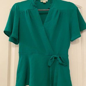 Green Short Sleeve Blouse Tie Waist